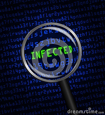 INFECTED in green revealed in blue computer machine code through a magnifying glass Stock Photo