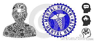 Infectious Mosaic Mental Bug Icon with Medical Textured Mental Health Seal Vector Illustration