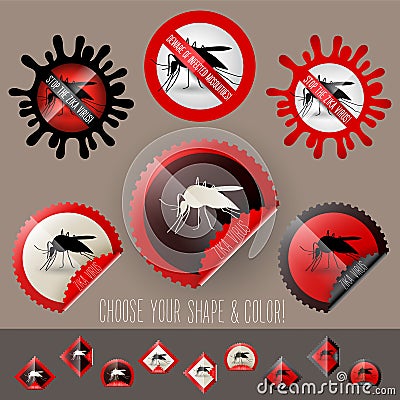Infected mosquito icon awareness vector set in stamp shape Vector Illustration