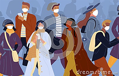Infected person among healthy people in face mask Vector Illustration