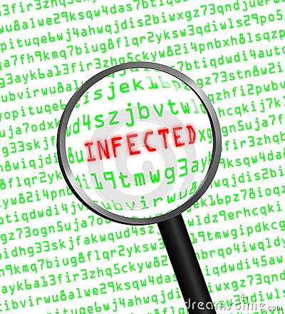 INFECTED in red revealed in green computer machine code through a magnifying glass Stock Photo