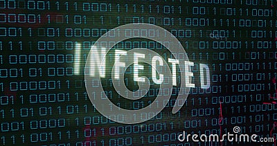 INFECTED text image over binary code background, indicating cybersecurity threat Stock Photo