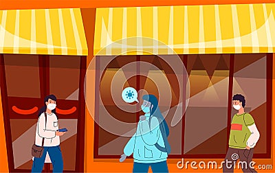 Infected virus woman in medical mask walking at safe distance of people near cafe outdoors Vector Illustration