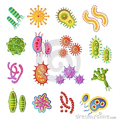 Infection bacteria and pandemic virus vector biology icons. Vector flat bacteria microbe iluustration. Micro organism Vector Illustration