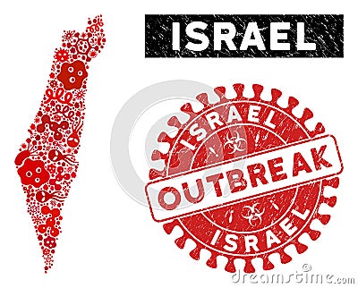 Biohazard Collage Israel Map with Textured OUTBREAK Seal Vector Illustration