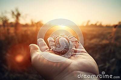 Infectious insect crawls on a person's hand outdoors in the wild in a field. Infectious dermacentor tick. Generative AI Stock Photo