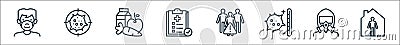Infectious pandemics line icons. linear set. quality vector line set such as isolation, protection mask, temperature, avoid crowds Vector Illustration