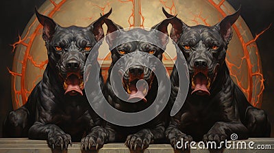 Infernal Guardians: AI-Crafted Painting Reveals Three Black Hell Hounds Stock Photo