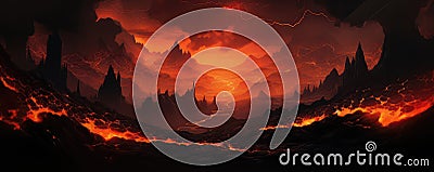 Infernal Underworld With Burning Magma, Volcano Eruptions, And More Stock Photo