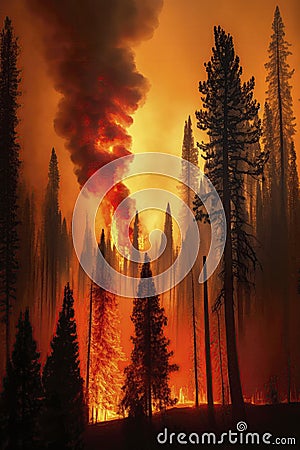 Inferno in the Forest: Devastating Fire Consuming Tall Trees. Stock Photo