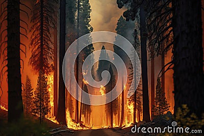 Inferno in the Forest: Devastating Fire Consuming Tall Trees. Stock Photo