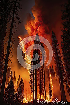 Inferno in the Forest: Devastating Fire Consuming Tall Trees. Stock Photo