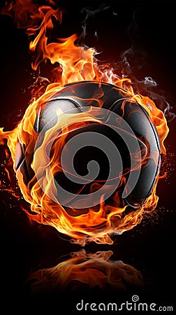 Inferno inspired volleyball on a black background, symbolizing blazing passion Stock Photo