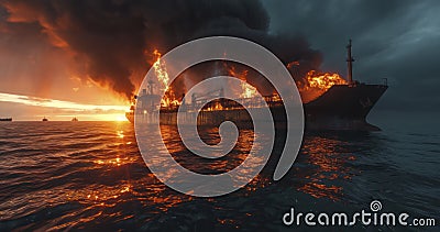 Inferno at Sea - Burning oil tanker, ecological disaster Stock Photo