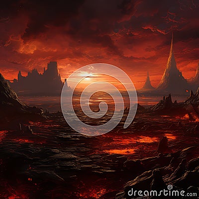 Inferno Unleashed: Giant Sea of Lava in Apocalyptic Landscape Stock Photo