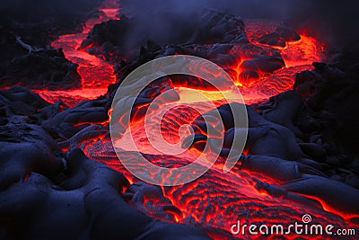 Inferno Unleashed: The Volcanic Dance of Fire and Flow. Stock Photo