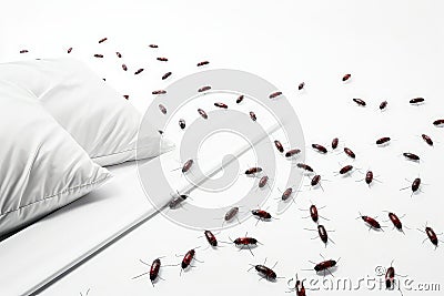 Infestation Of Bloodsucking Bed Bugs Unveiled On White Sheet Stock Photo