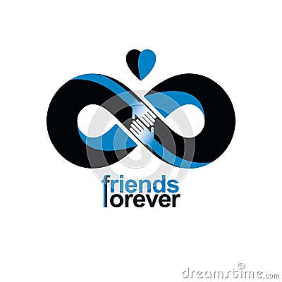 Infinite friendship, friends forever, special vector logo combined with two symbols of eternity loop and human hands. Vector Illustration