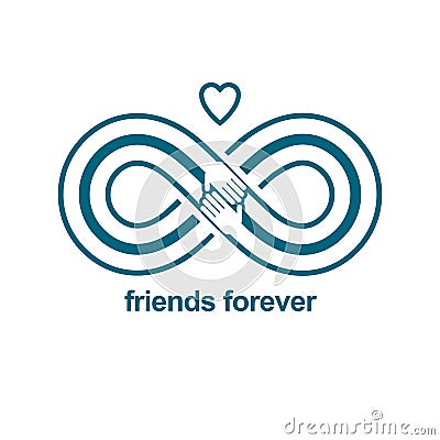 Infinite friendship, friends forever, special vector logo combined with two symbols of eternity loop and human hands. Vector Illustration