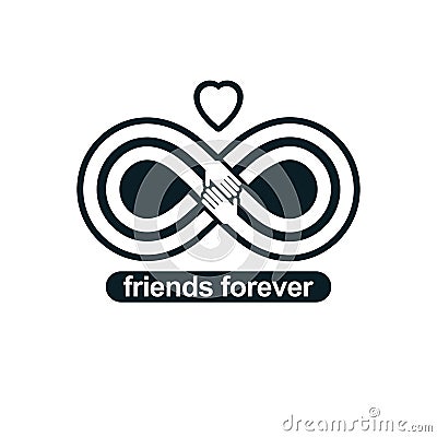 Infinite friendship, friends forever, special vector logo combined with two symbols of eternity loop and human hands. Vector Illustration