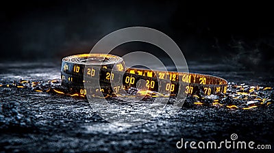 Infinite measuring tape dark studio abstract image illuminated numbers close-up view concept of measurement and growth Cartoon Illustration
