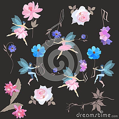 Infinite musical magic pattern. Winged fairies in ballet tutus and elves dance with beautiful garden flowers, treble clef and lyre Vector Illustration