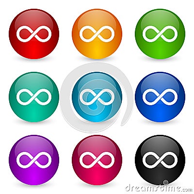 Infinity, eternity, infinite, endless, loop icon set, colorful glossy 3d rendering ball buttons in 9 color options for webdesign Stock Photo