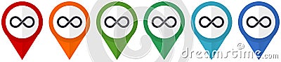 Infinity, eternity, infinite, endless, loop vector pointers, set of colorful flat design icons isolated on white background Vector Illustration