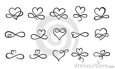 Infinity love flourish. Hand drawn heart decorative flourishes, love ornate tattoo design and infinity hearts vector set Vector Illustration