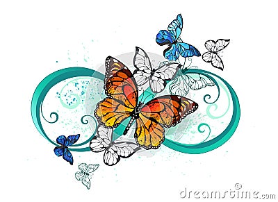 Infinity with orange butterfly Monarch and Morpho butterflies Vector Illustration