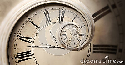 Infinity and other time related concepts. Twisted hour numbers and clock hands. Spiral fractal effect Stock Photo