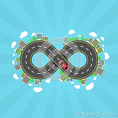 Infinity road. An endless journey through the world. The carriageway. Cartoon car is driving along the road. Halftone effect with Cartoon Illustration