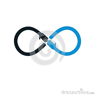 Infinity sign with two hands touching each other, infinite friendship concept, forever friends vector creative logo. Vector Illustration