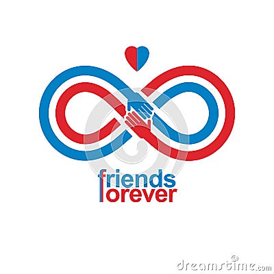 Infinity sign with two hands touching each other, infinite friendship concept, forever friends vector creative logo. Vector Illustration