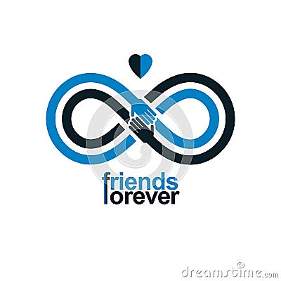 Infinity sign with two hands touching each other, infinite friendship concept, forever friends vector creative logo. Vector Illustration