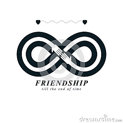 Infinity sign with two hands touching each other, infinite friendship concept, forever friends vector creative logo. Vector Illustration