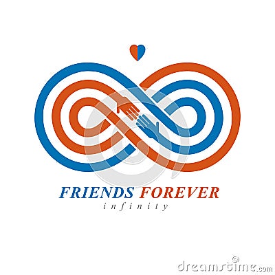 Infinity sign with two hands touching each other, infinite friendship concept, forever friends vector creative logo. Vector Illustration