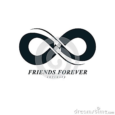 Infinity sign with two hands touching each other, infinite friendship concept, forever friends vector creative logo. Vector Illustration