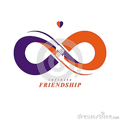 Infinity sign with two hands touching each other, infinite friendship concept, forever friends vector creative logo. Vector Illustration