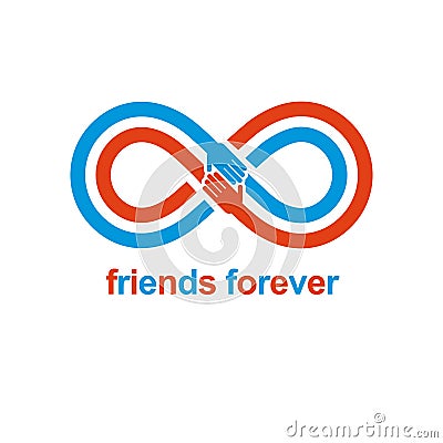 Infinity sign with two hands touching each other, infinite friendship concept. Vector Illustration