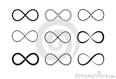 Infinity symbol logos set. Black contours. Symbol of repetition and unlimited cyclicity. Vector illustration on Vector Illustration