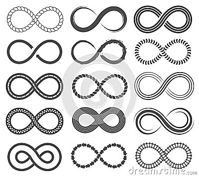 Infinity symbols. Endless loop shape, unlimited signs, eight isolated vector icons set Vector Illustration