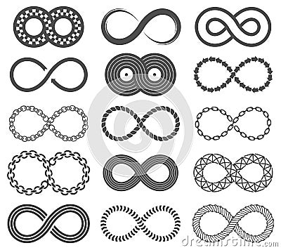 Infinity symbols. Mobius loop shape, unlimited and forever signs. Abstract motion, identity and eight shaped isolated Vector Illustration