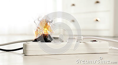 Inflamed plug in power board - electrical short circuit. Banner design Stock Photo