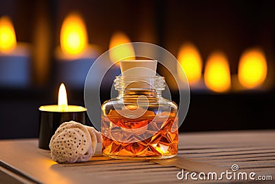 an inflammable bottle on a masseuse table Stock Photo