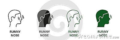 Inflammation, Ache Symbol Collection. Rhinitis, Allergy, Nasal Mucus Pictogram. Runny Nose Line and Silhouette Icon Set Vector Illustration