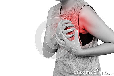 Inflammation colored in red suffering. woman clutching his chest from acute pain, Heart attack symptom. Stock Photo