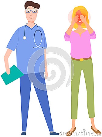 Girl suffering from pain in eyeballs. Woman with redness eyes on medical consultation with doctor Vector Illustration