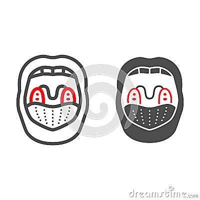 Inflammation of tonsils line and solid icon, Human diseases concept, tonsillitis sign on white background, Throat Vector Illustration