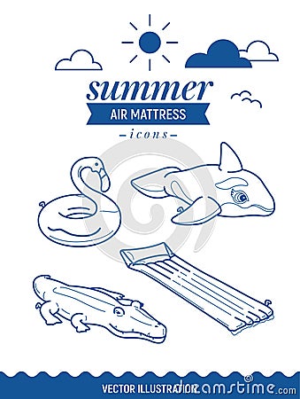 Inflatable air mattress icon set. Summer outline icons with clouds and sun. Whale, crocodile, flamingo and basic retro simple matt Vector Illustration